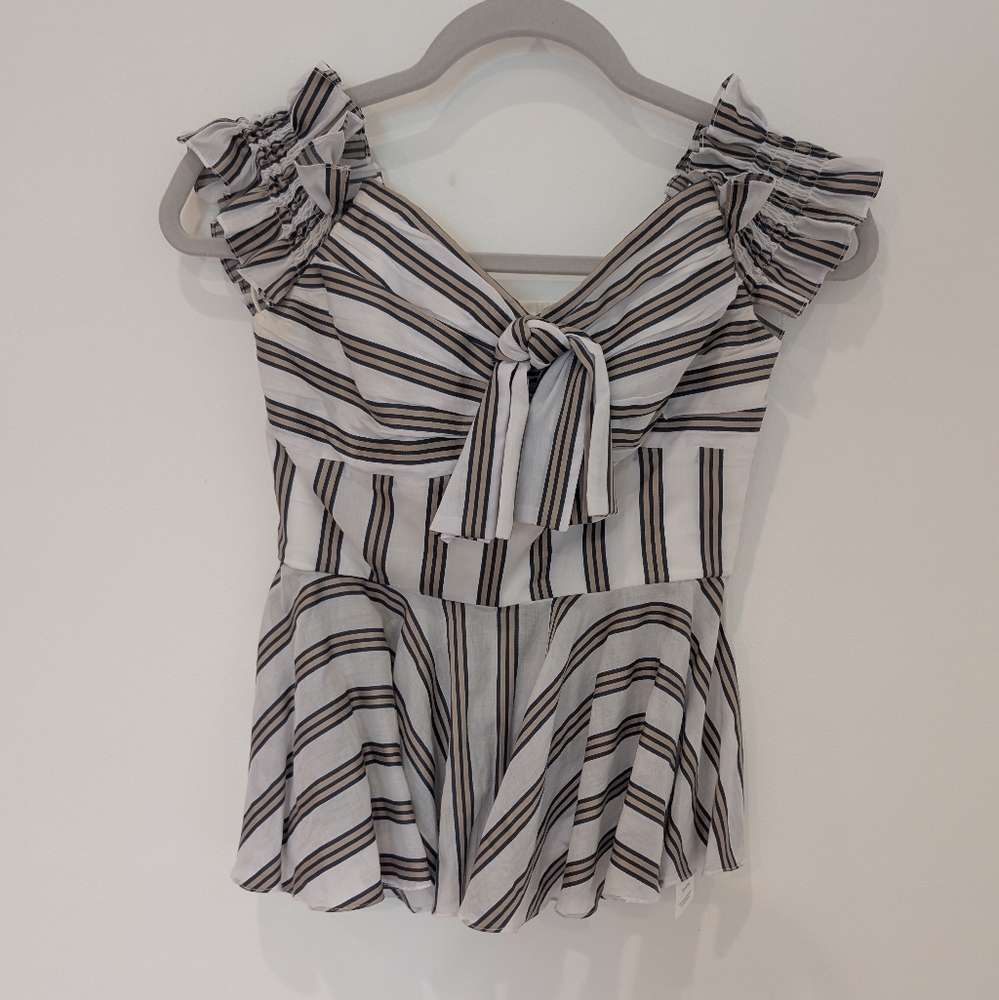 Caroline Constas Black and White Flutter Sleeve Peplum Blouse